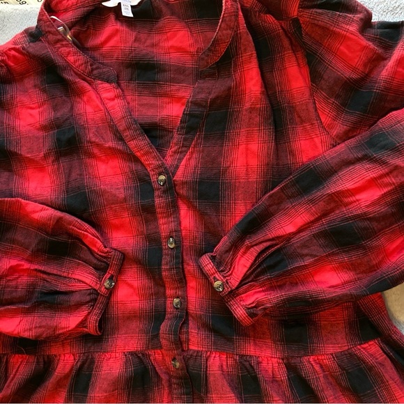 Time and Tru Red + Black Plaid Long Sleeve Mini Dress | 100% Cotton | Size 22 - Picture 8 of 9